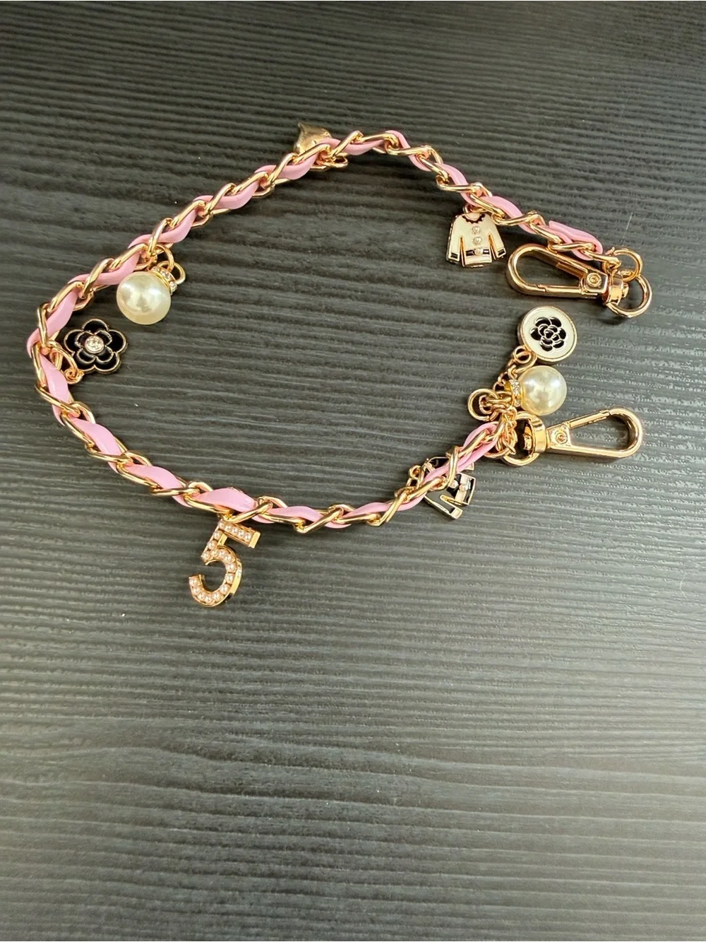 Gold & Pink #5 Charm Phone Chain with Pearls and Floral Accents